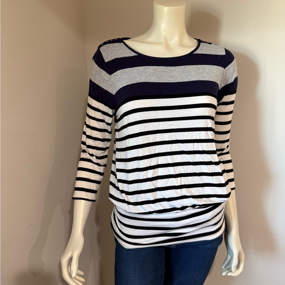 White House Black Market Navy and White Striped Long Sleeve Top